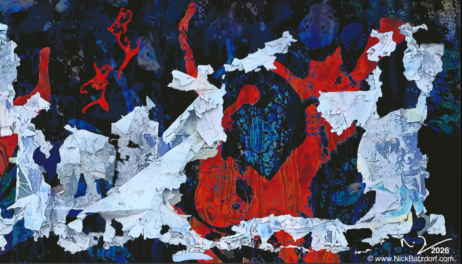 Abstract artwork by Nick Batzdorf featuring layered blue, white, and red textures.